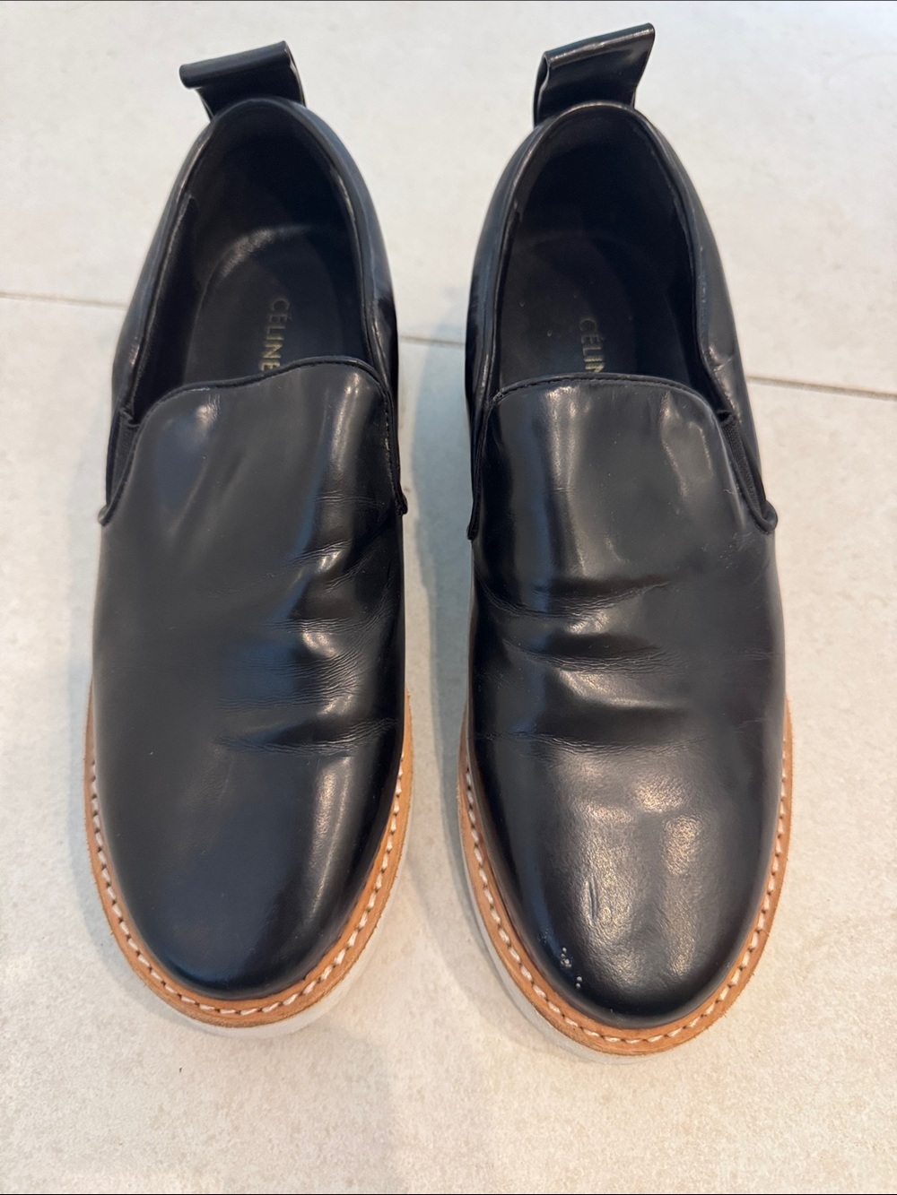 Celine Black Leather Slip-On Loafers with Tan Welt